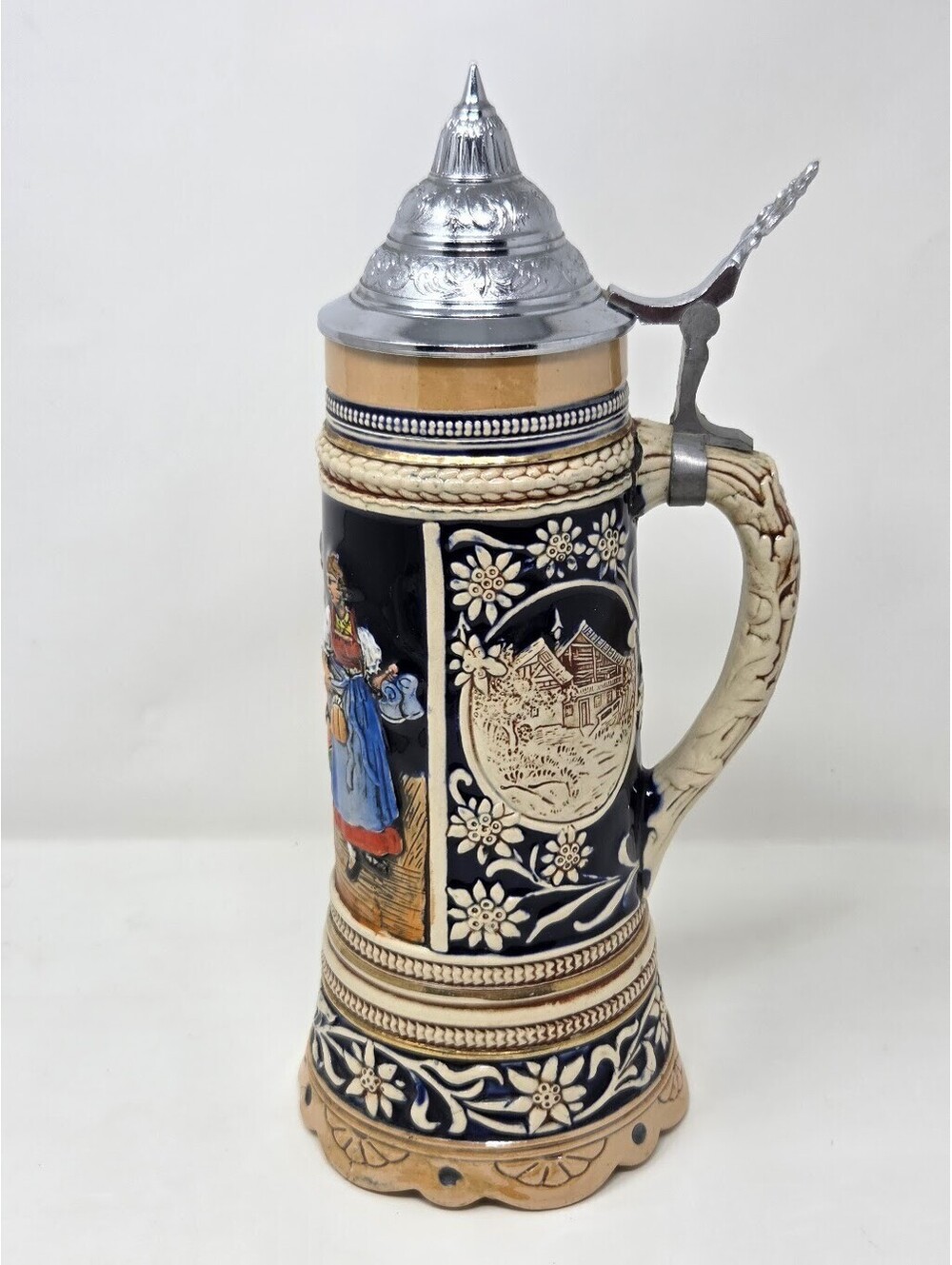 German Ceramic Music Box Stein Pewter Lid Lilli Marleen Tune Tavern Scene